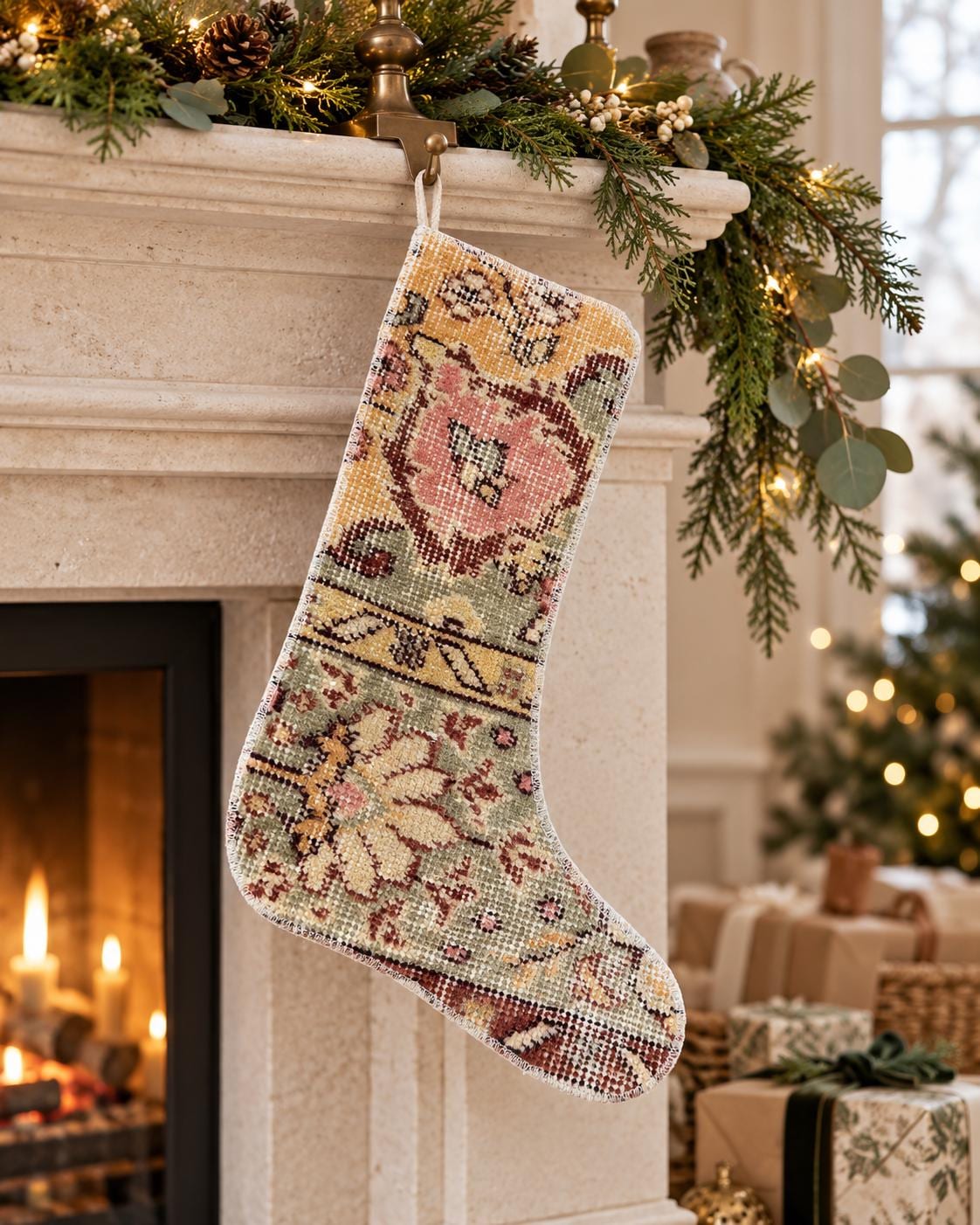 Vintage Turkish Rug Christmas Stocking, Farmhouse Floral Medallion, Mustard Pink Sage, 12.2x18.5 in