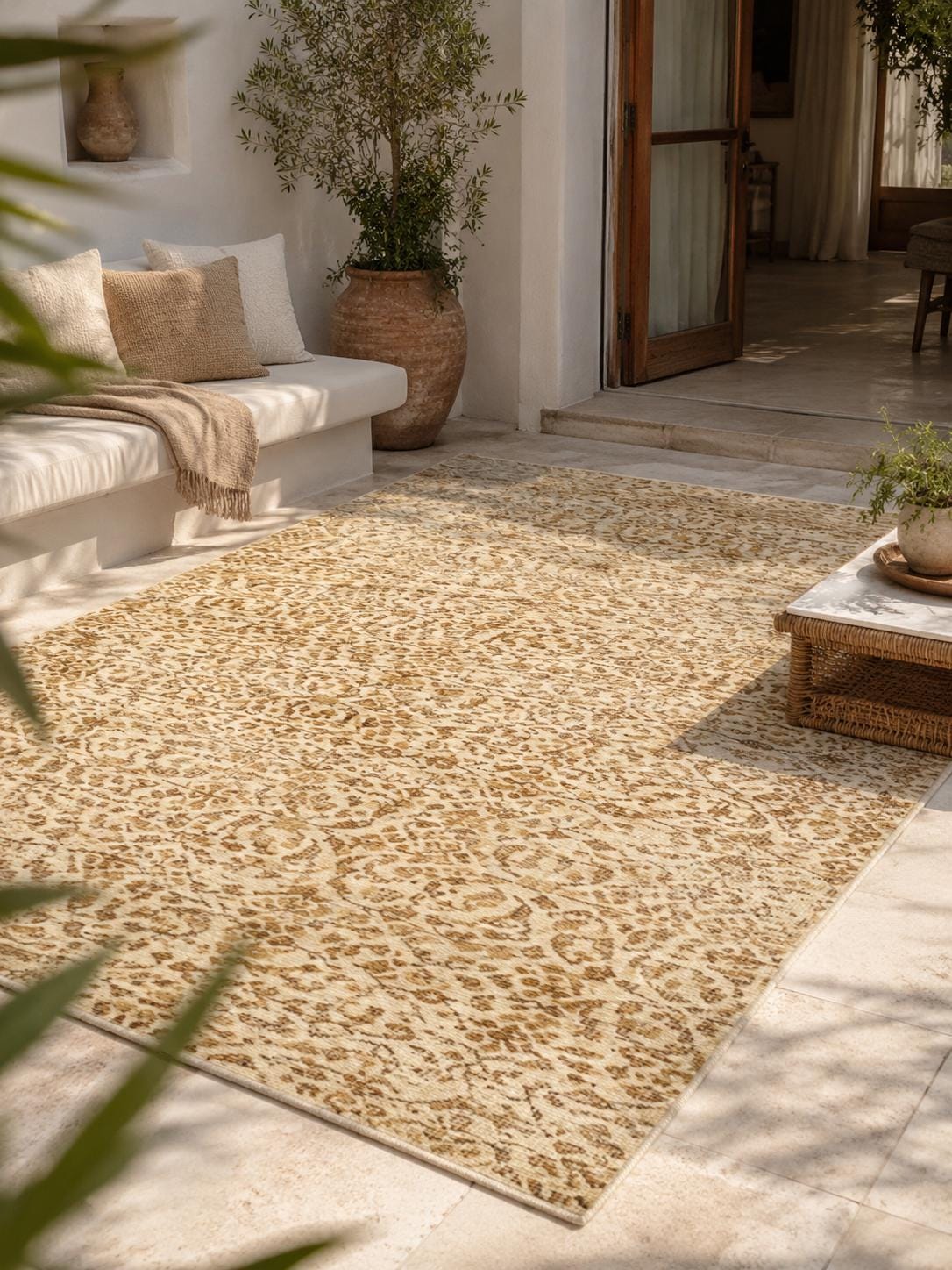 Vintage Turkish Area Rug, Handwoven Wool Floral, Distressed Cream Gold Mustard Neutral, 3.2x6.4 ft