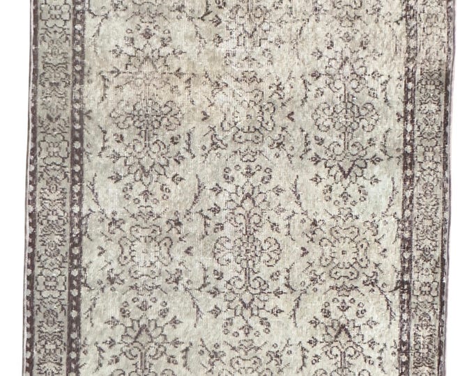 Vintage Turkish Isparta, Hand Knotted Wool, Gray Beige Floral, Oushak Style, Distressed Look, 4x6 Anatolian