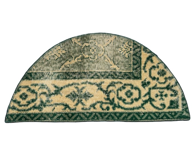 Vintage Turkish Isparta Semicircle Rug, Hand Knotted Wool, Distressed Teal Green Beige, Half Moon