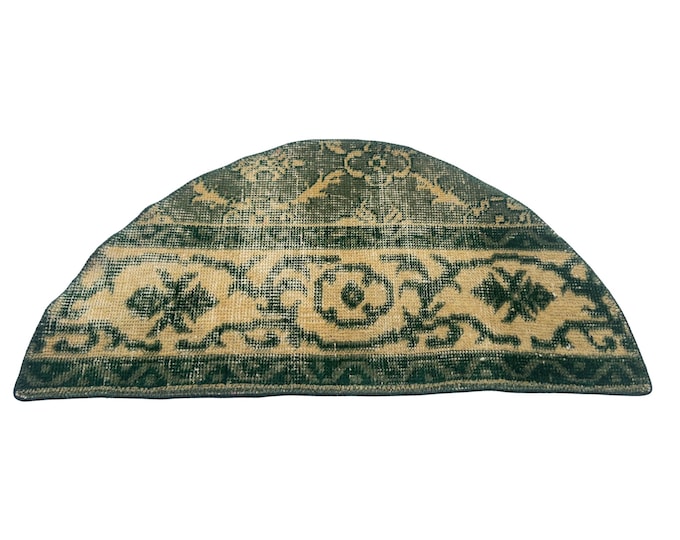Vintage Turkish Isparta Semicircle Rug, Hand Knotted Wool, Distressed Deep Teal Gold, Half Moon