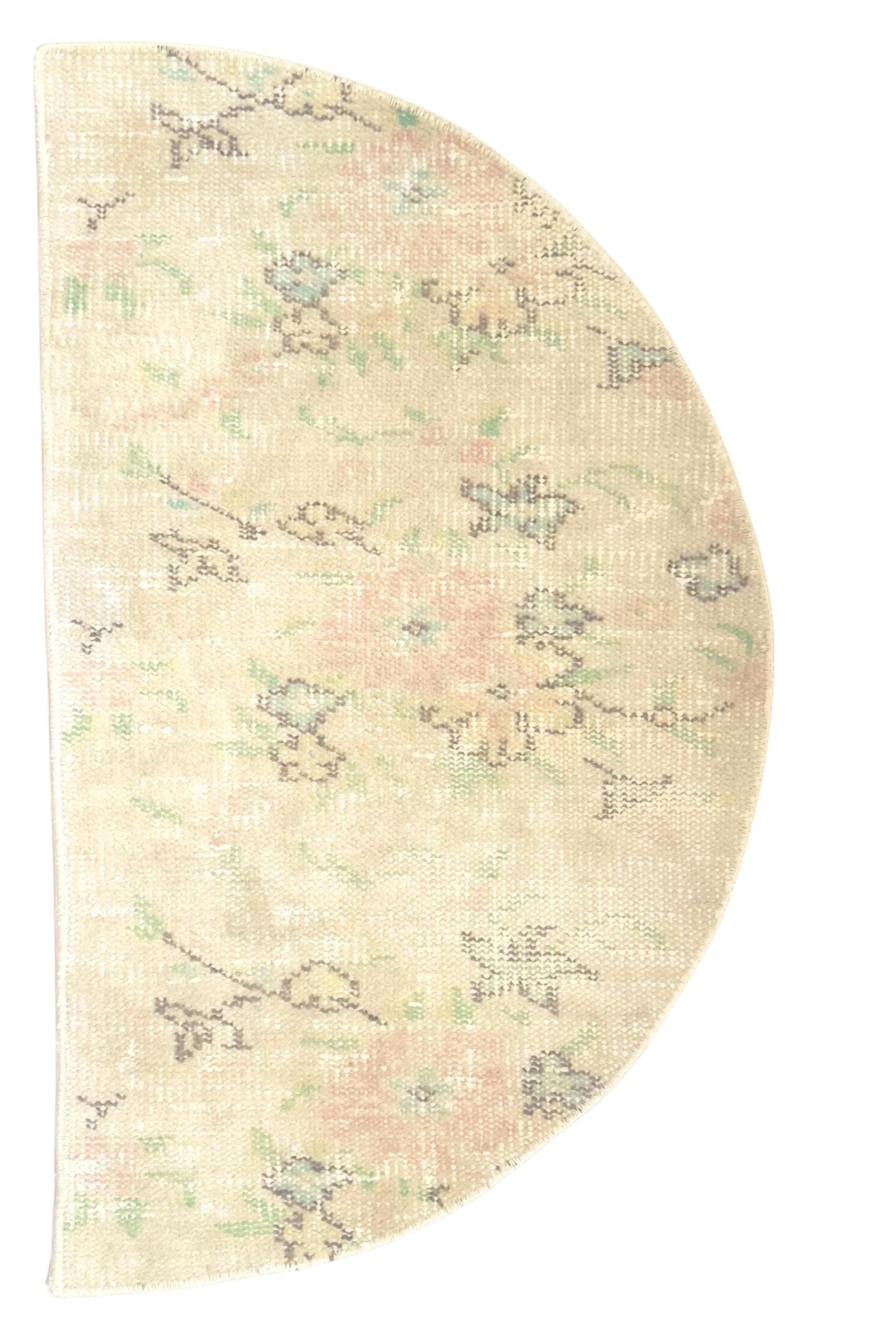 Vintage Turkish Semicircle Rug, Handwoven Wool Floral, Ivory Blush Pink Sage Green, 1.6x2.77 ft – view 4
