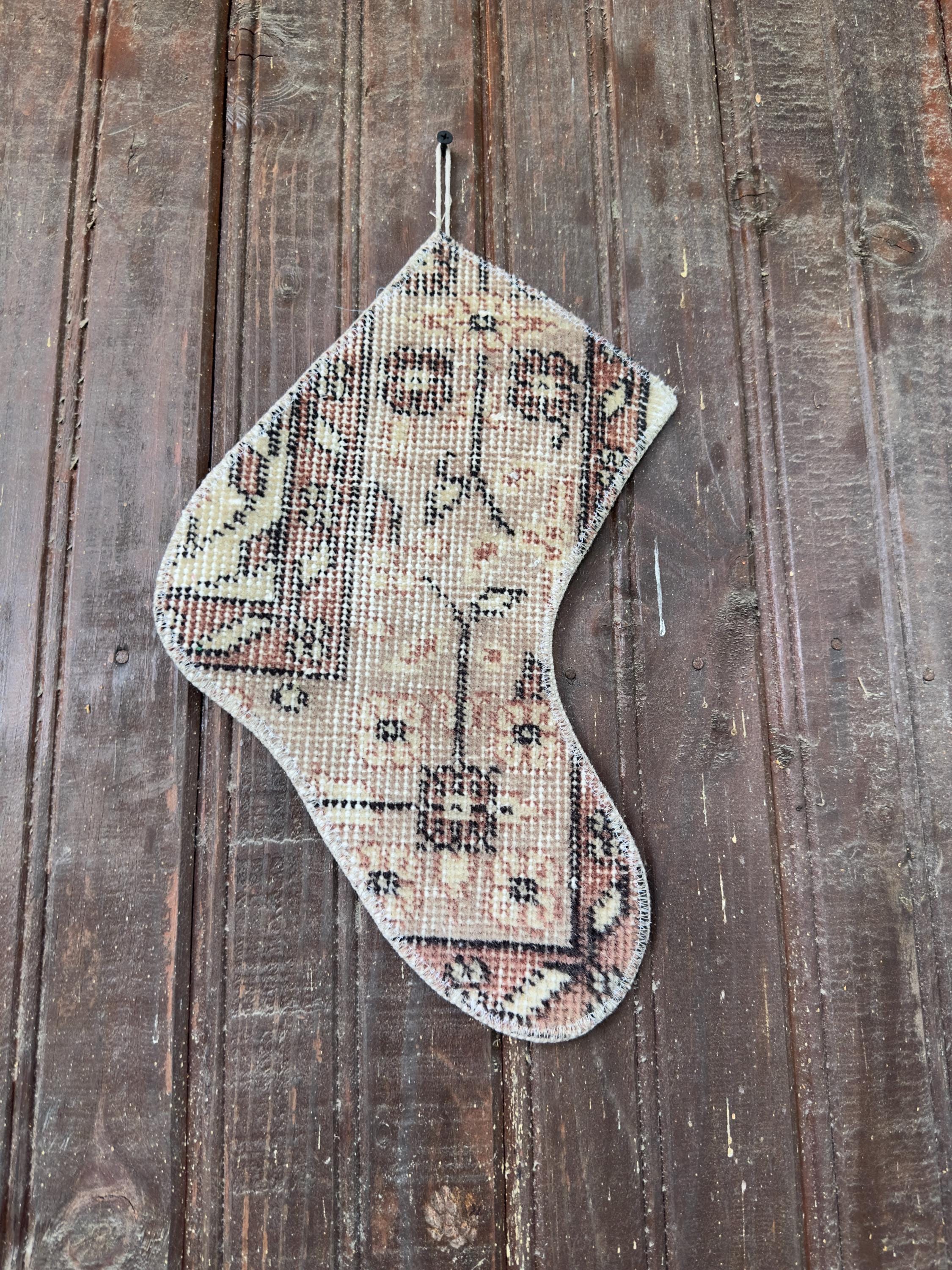 Vintage Turkish Rug Christmas Stocking, Faded Floral Medallion, Cream Peach Terracotta Brown, 10.6x12.6 in – view 4