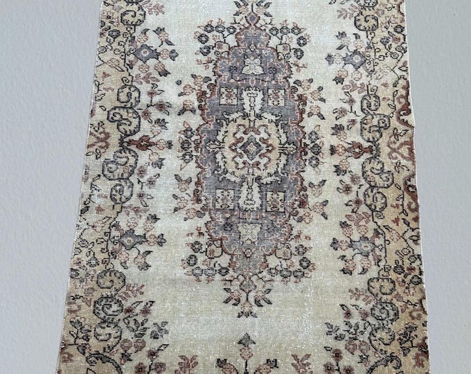 Vintage Turkish Wool Rug: Pink Gray Small Area Rug, 3x7 ft