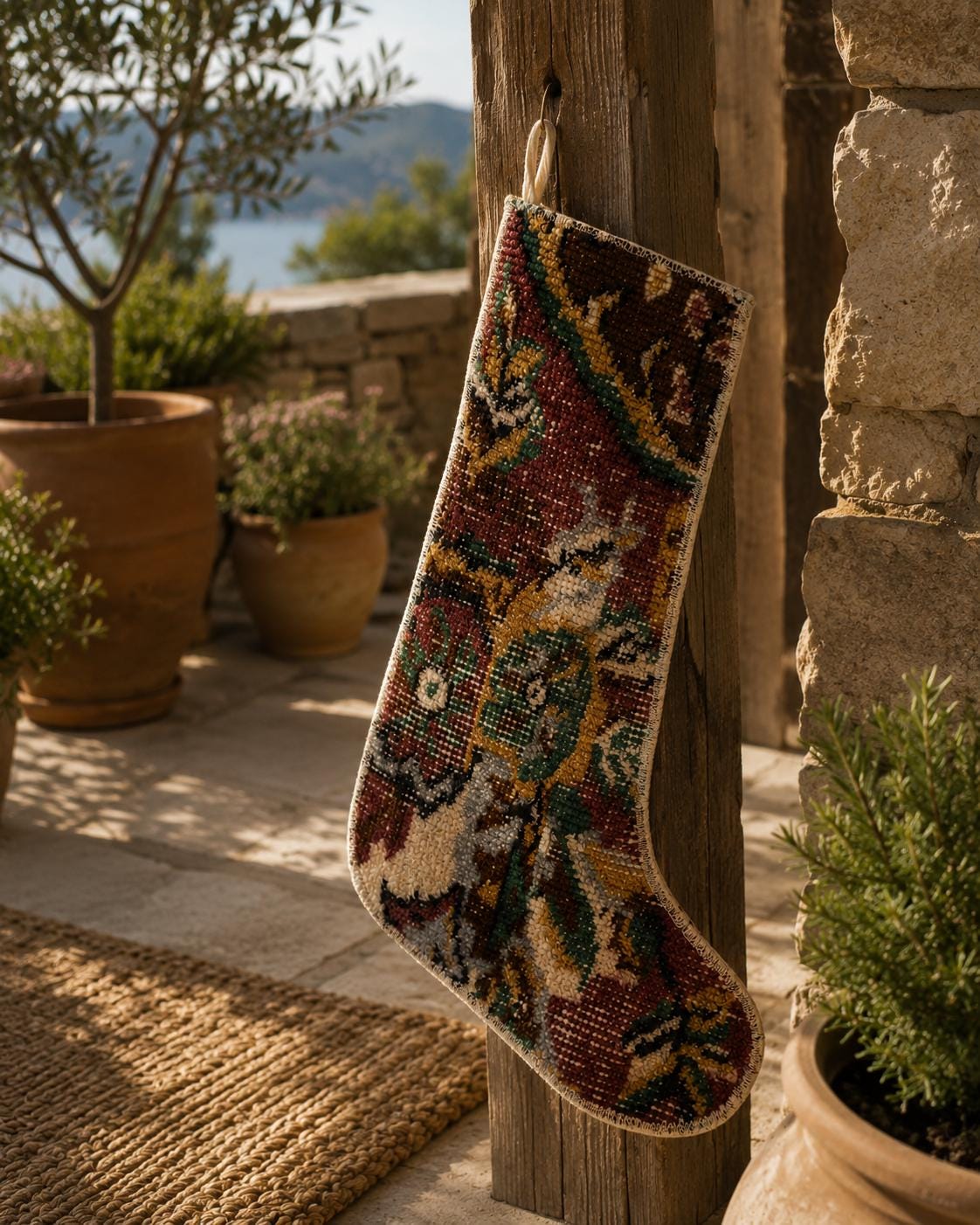 Turkish Rug Christmas Stocking, Handmade Vintage Anatolian Wool, Madder Red Floral, Boho Fireplace Decor