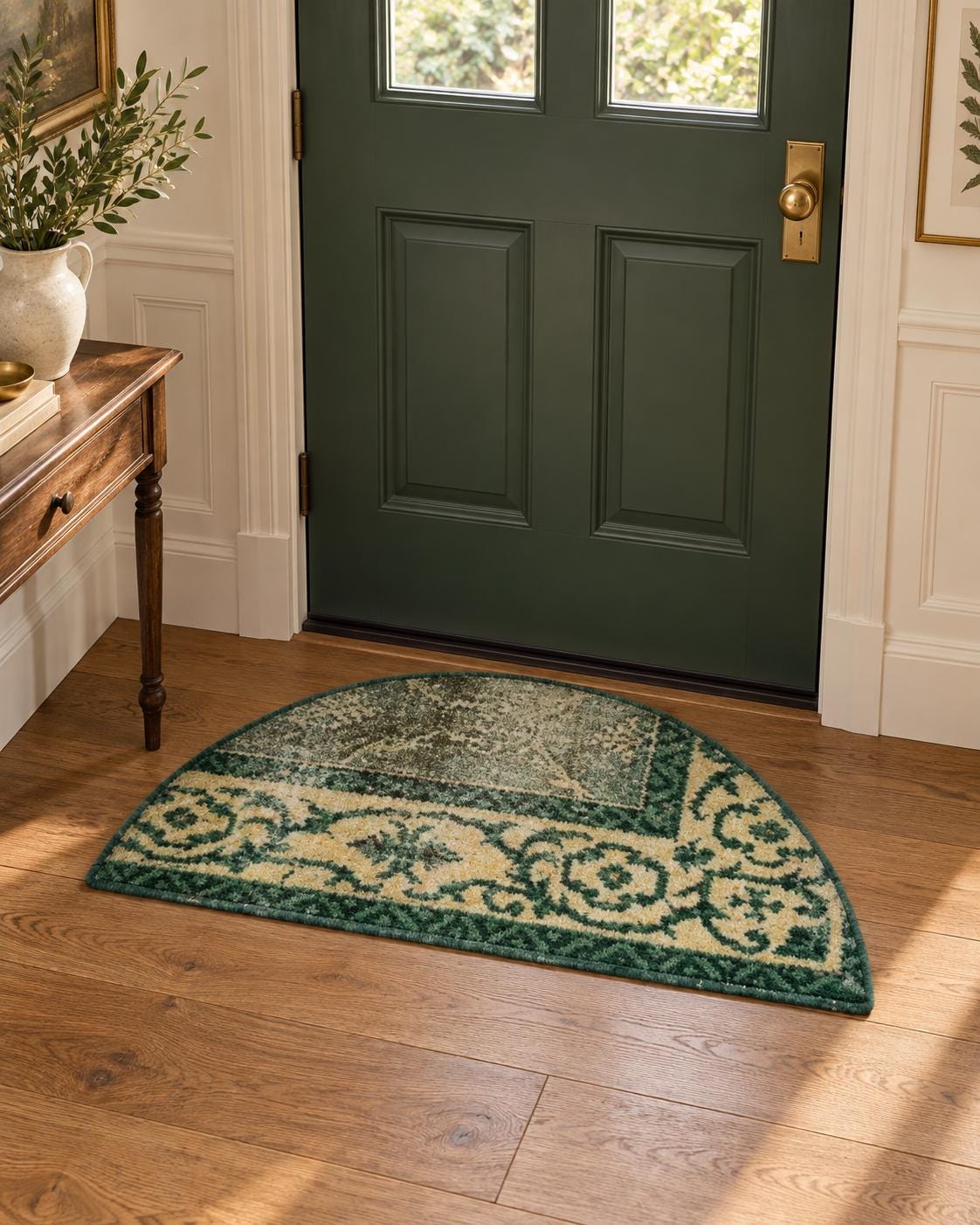 Vintage Turkish Half Moon Rug, Hand Knotted Wool Doormat, Green Ivory Geometric Design, 36x74cm