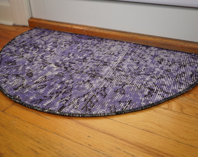Small Purple Wool Rug: Vintage Turkish Half Circle Doormat
