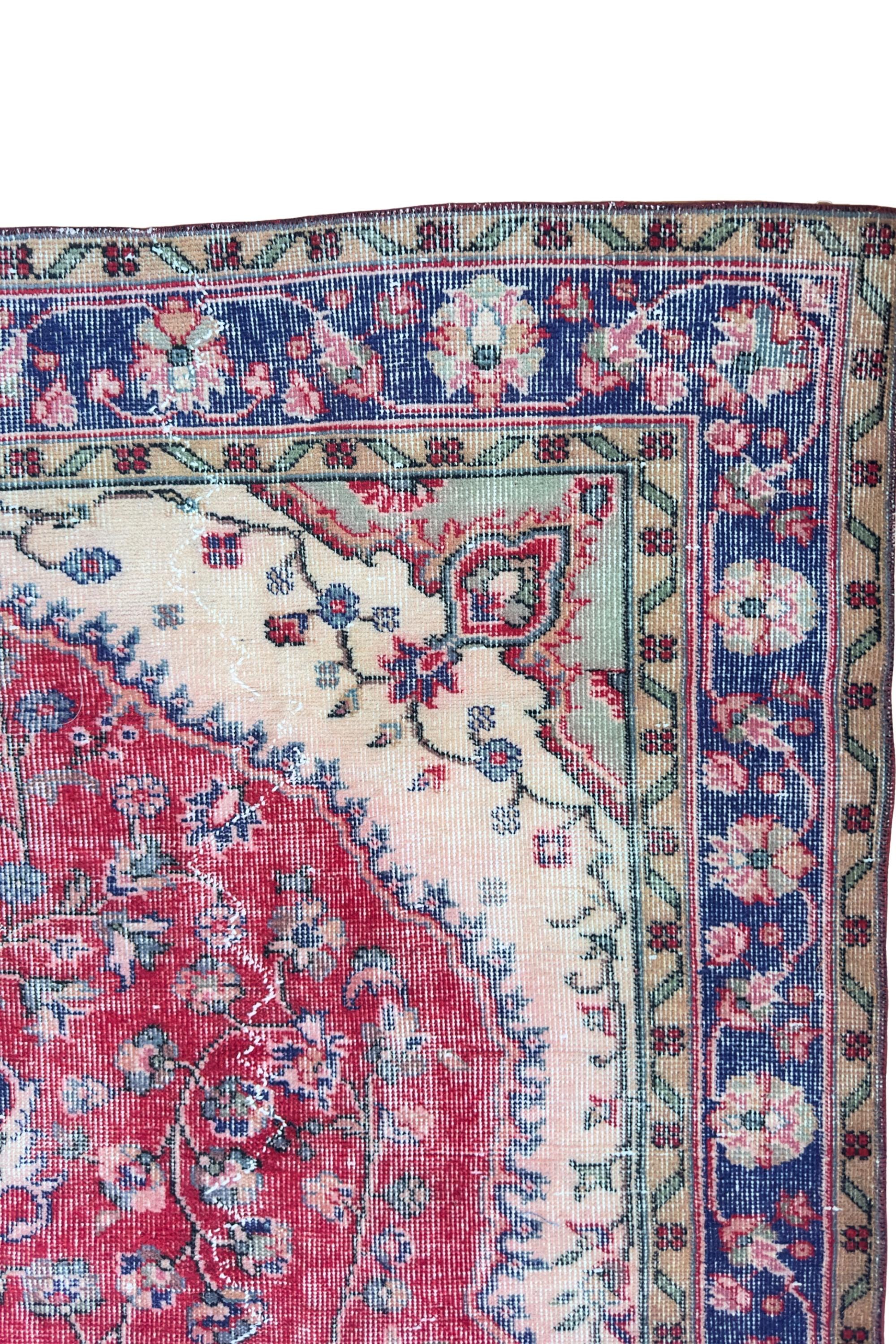 Vintage Turkish Area Rug, Hand-Knotted Wool Medallion, Faded Crimson Red Navy, 6x9 ft – view 14