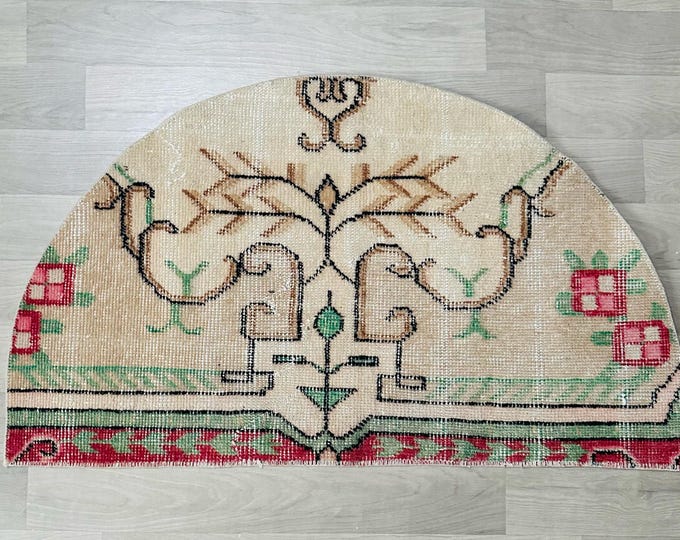 Vintage Turkish Wool Rug: Small Beige Red Semicircle Doormat (2x4 ft)
