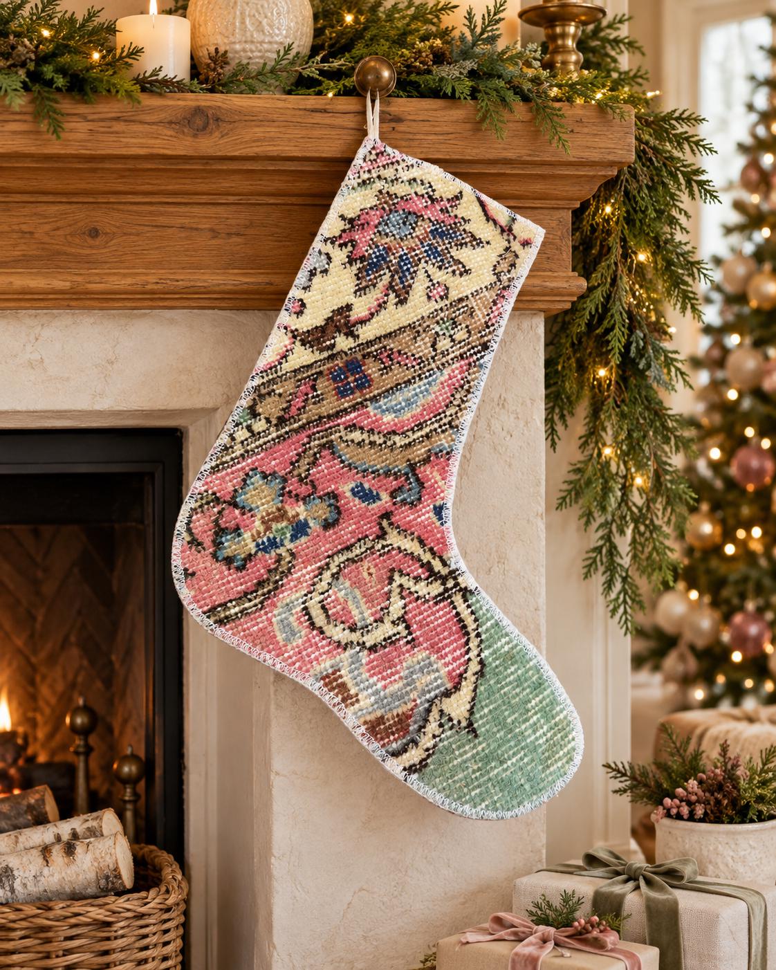 Christmas Stocking, Vintage Turkish Rug, Floral Cream Pink Taupe Mint Green, 16 in in cream, pink, green, full front view
