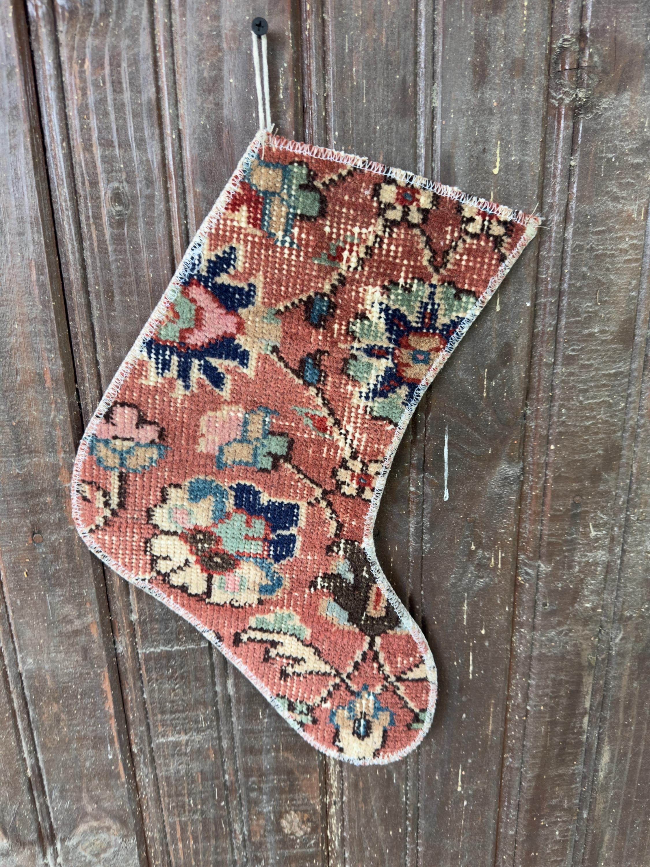 Vintage Turkish Rug Christmas Stocking, Terracotta Navy Sage Floral, Cream Pink Teal, 12.2x11.8 in – view 5