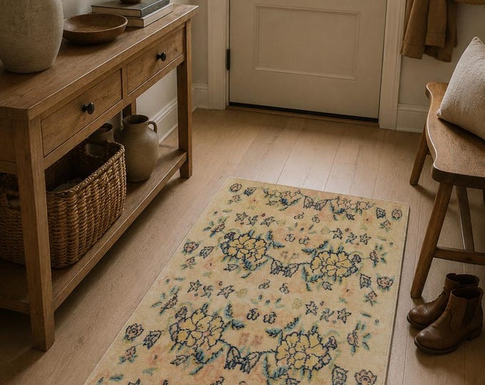 Vintage Turkish Isparta Rug, Handwoven Wool Allover Floral Vine, Distressed Ivory Navy Mint,