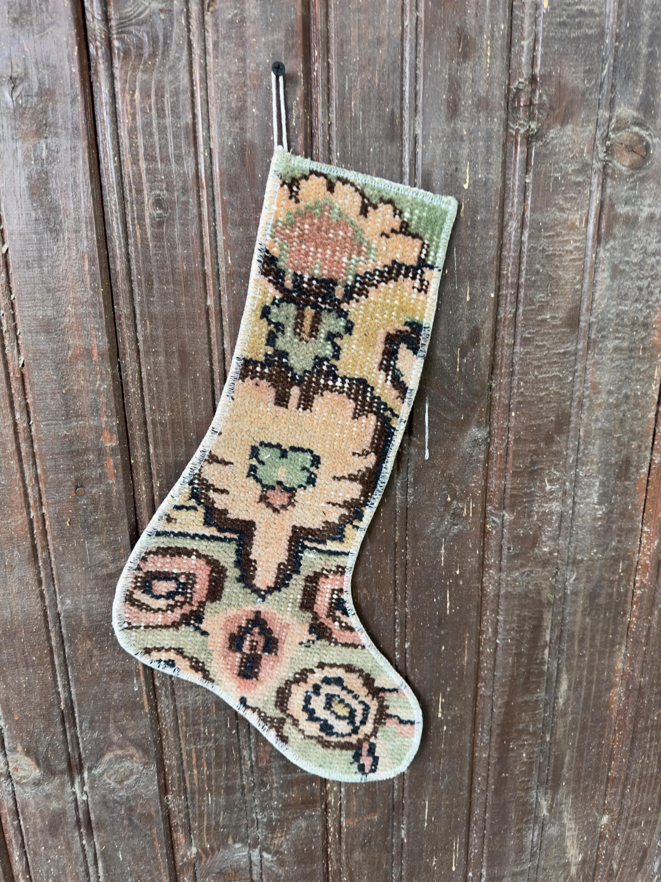 Vintage Turkish Rug Christmas Stocking, Large Peach Flower, Sage Salmon Mustard Brown, 11.8x16.1 in – view 3