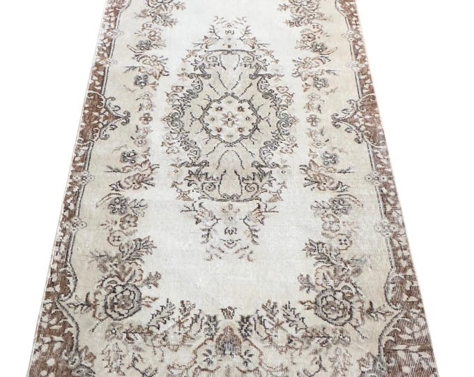 Vintage Turkish Isparta Rug, Hand Knotted Wool, Distressed Ivory Brown Floral Medallion, Neutral