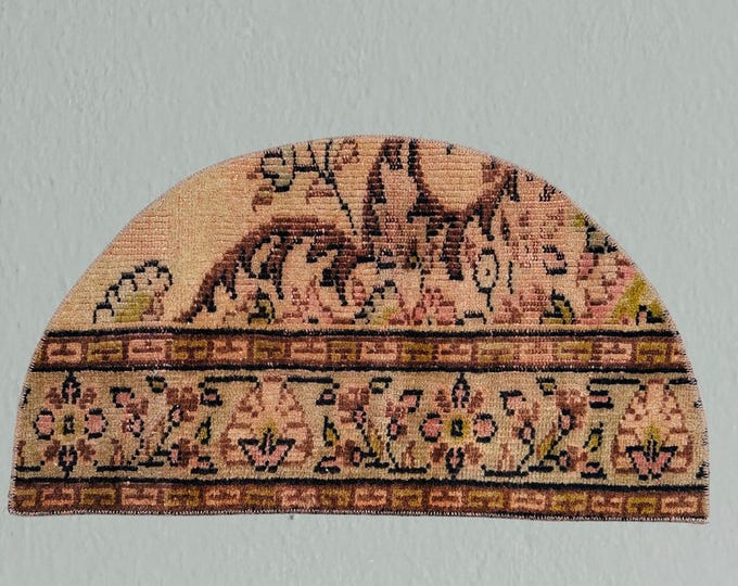 Floral Wool Half Moon Rug: Vintage Turkish Doormat