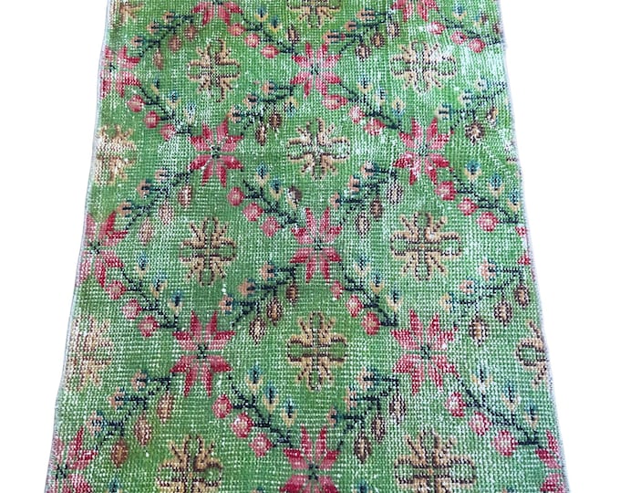 Vintage Turkish Isparta Runner Rug, Hand Knotted Wool, Distressed Emerald Green Allover Floral