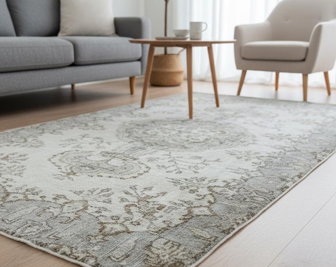 107x201 cm Beige Gray Wool Rug | Handwoven Turkish Vintage Carpet | Farmhouse Rustic Style