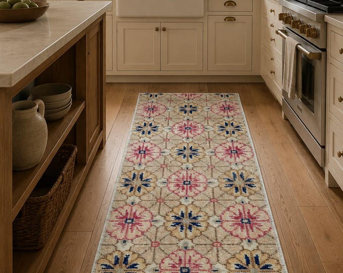 Vintage Turkish Isparta Rug, Handwoven Wool Allover Floral Rosette, Distressed Beige Pink Navy,