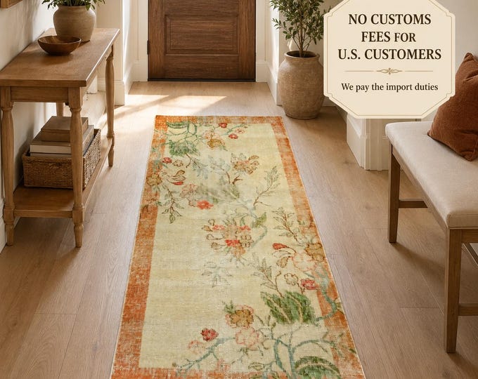 Small Area Rug, Vintage Isparta Handwoven Wool Botanical Floral, Distressed Ivory Terracotta, 2.8x5.5 ft