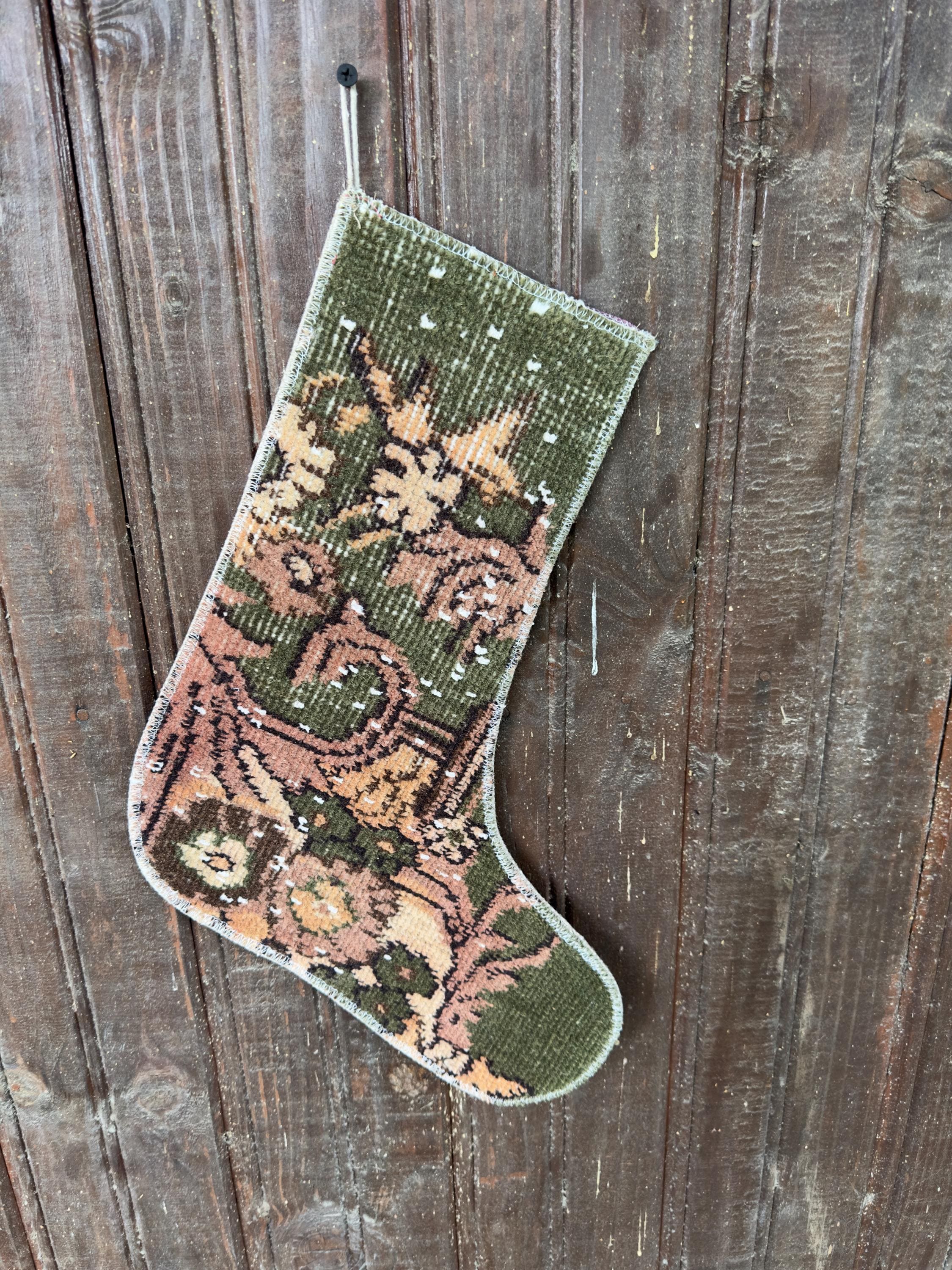 Vintage Turkish Rug Christmas Stocking, Rustic Olive Green Floral, Terracotta Rose Peach, 12.6x15 in – view 3