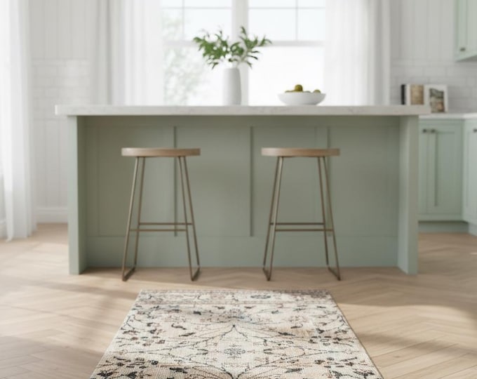 75x185 cm Handwoven Wool Runner Rug | Beige Floral Vintage Turkish Carpet | Farmhouse Hallway Decor