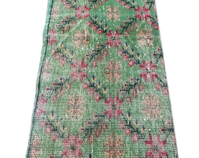 Vintage Turkish Isparta Runner Rug, Hand Knotted Wool, Distressed Emerald Green Floral