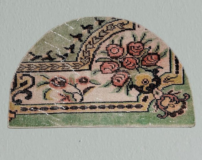 Floral Semicircle Wool Rug: Vintage Turkish Entryway Mat