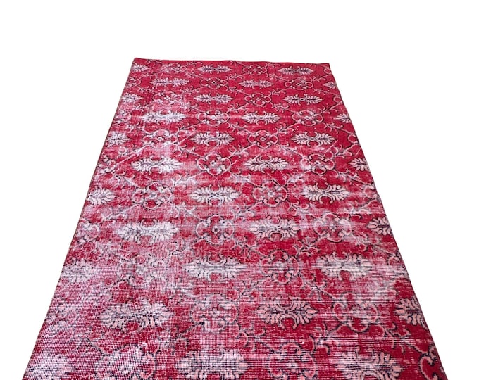 Vintage Turkish Isparta Rug, Handwoven Wool Floral, Distressed Red Burgundy, 3.4x5.8 ft