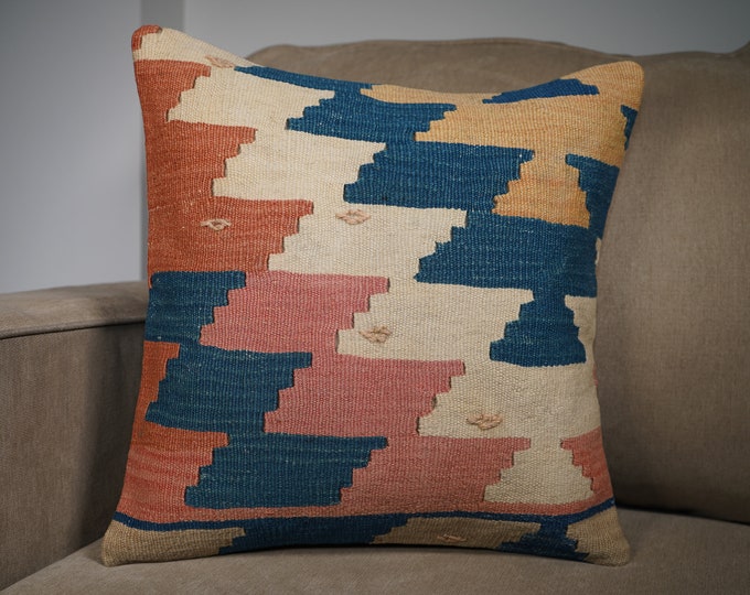 Vintage Kilim Pillow Cover: Boho Hemp Accent Pillow (16x16)