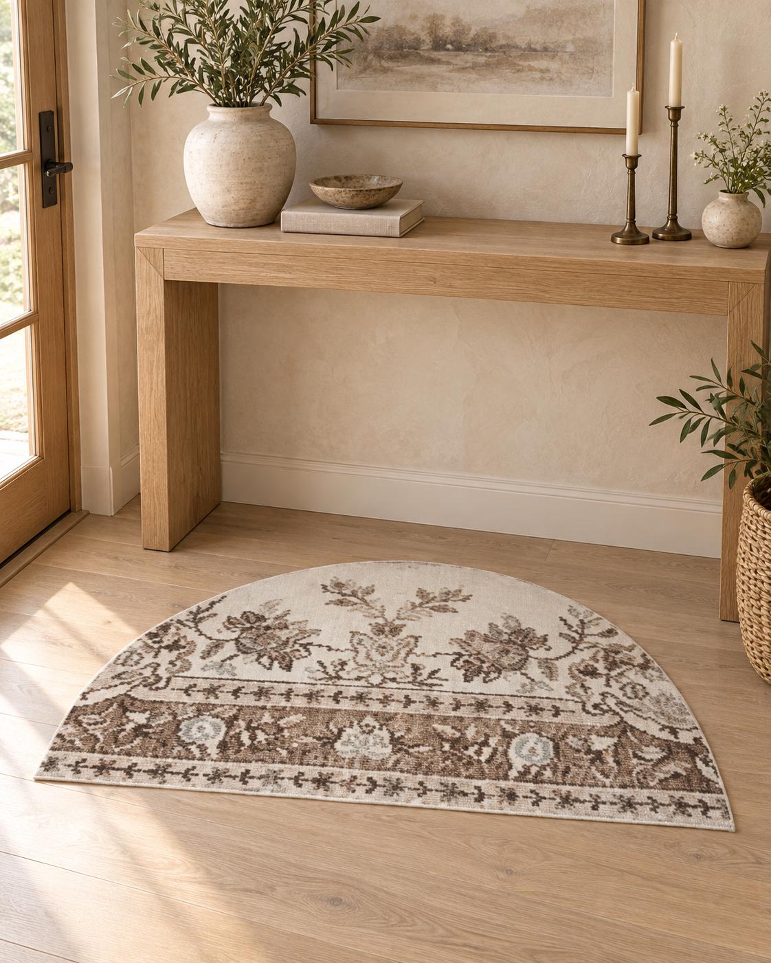 Vintage Turkish Half Moon Rug, Hand Knotted Wool Doormat, Ivory Brown Floral Design, 50x84cm
