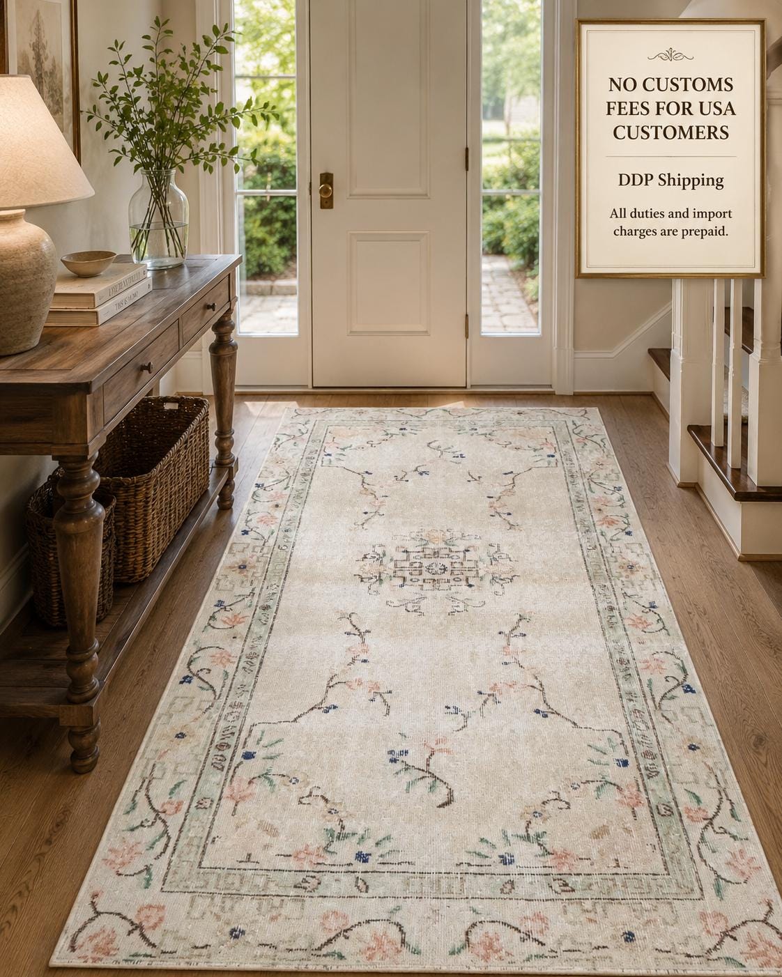 Vintage Turkish Isparta Rug 1977, Hand-Knotted Wool Floral Medallion, Ivory Beige, 3.7x6.4 ft