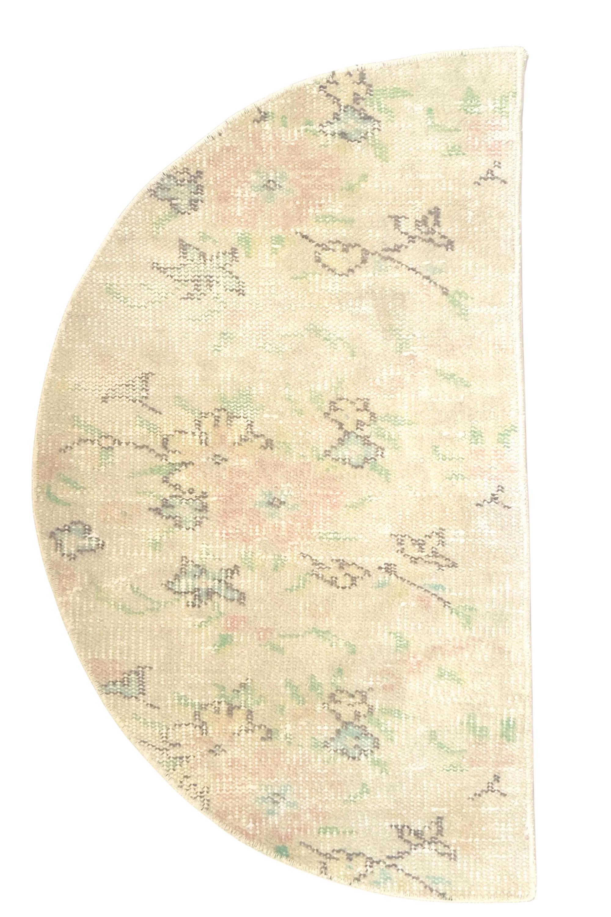 Vintage Turkish Semicircle Rug, Handwoven Wool Floral, Ivory Blush Pink Sage Green, 1.6x2.77 ft – view 5