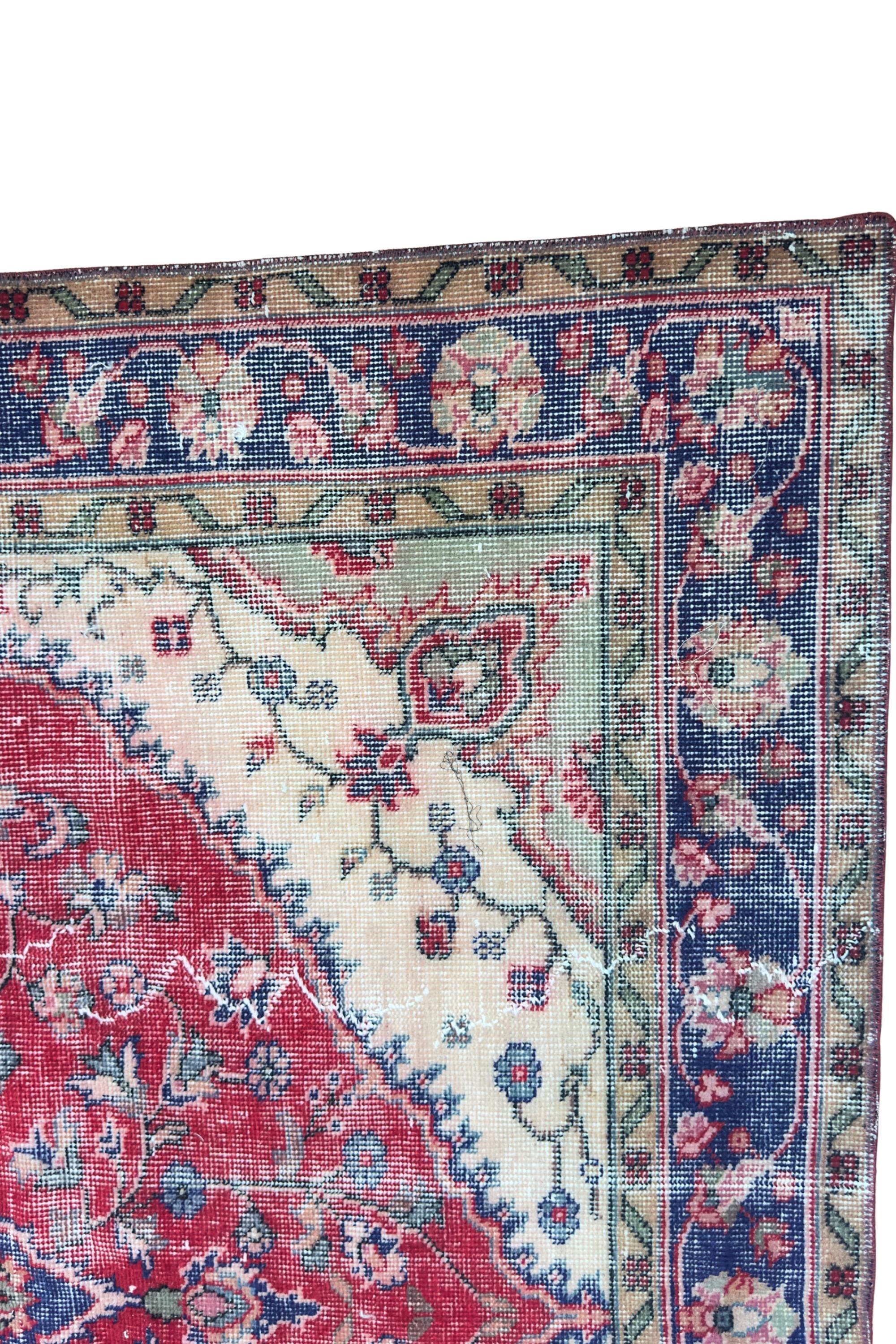 Vintage Turkish Area Rug, Hand-Knotted Wool Medallion, Faded Crimson Red Navy, 6x9 ft – view 13