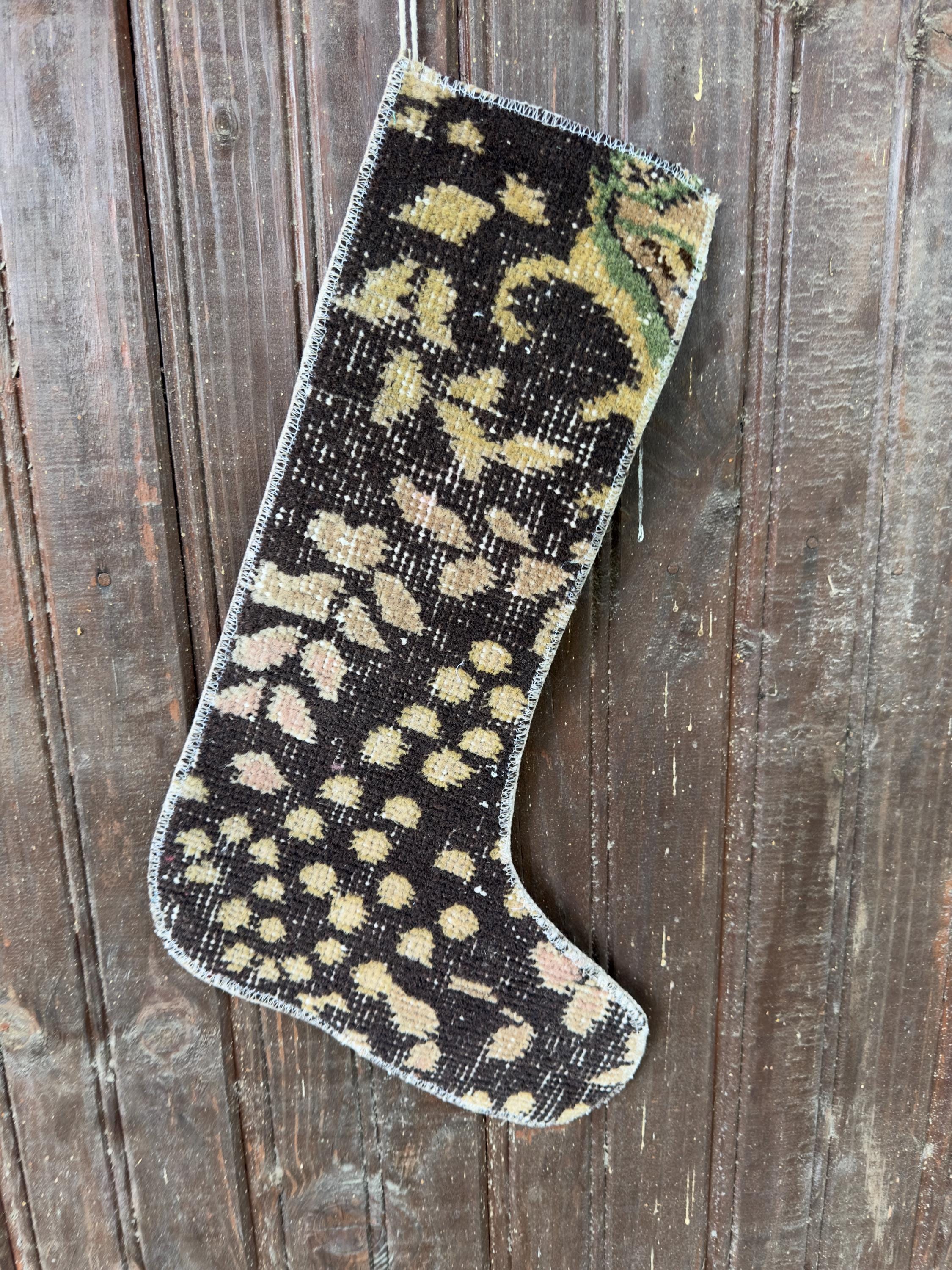 Vintage Turkish Rug Christmas Stocking, Espresso Brown Mustard Gold, Blush Olive Floral, 12.2x18.1 in – view 5