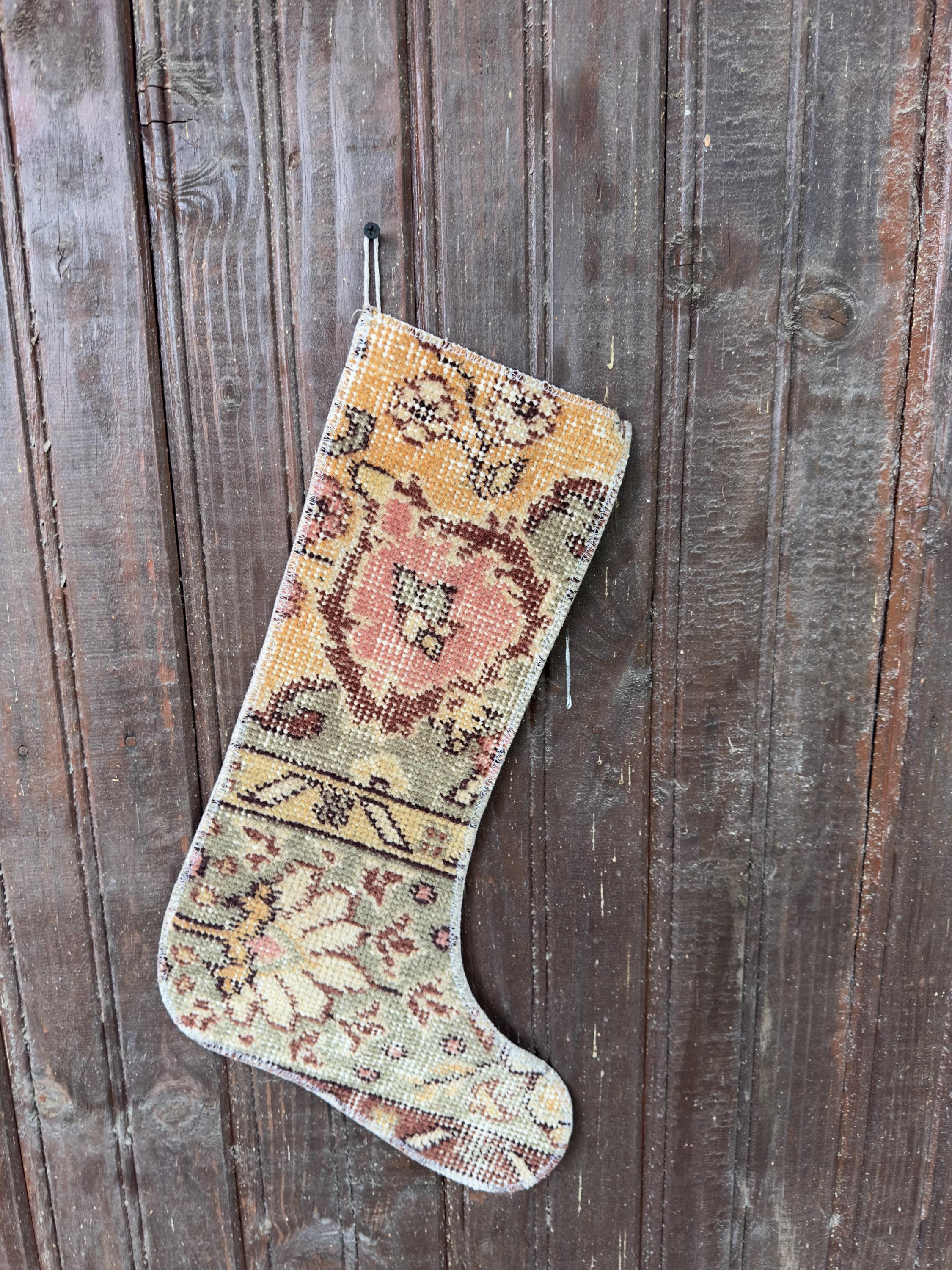 Vintage Turkish Rug Christmas Stocking, Farmhouse Floral Medallion, Mustard Pink Sage, 12.2x18.5 in – view 3