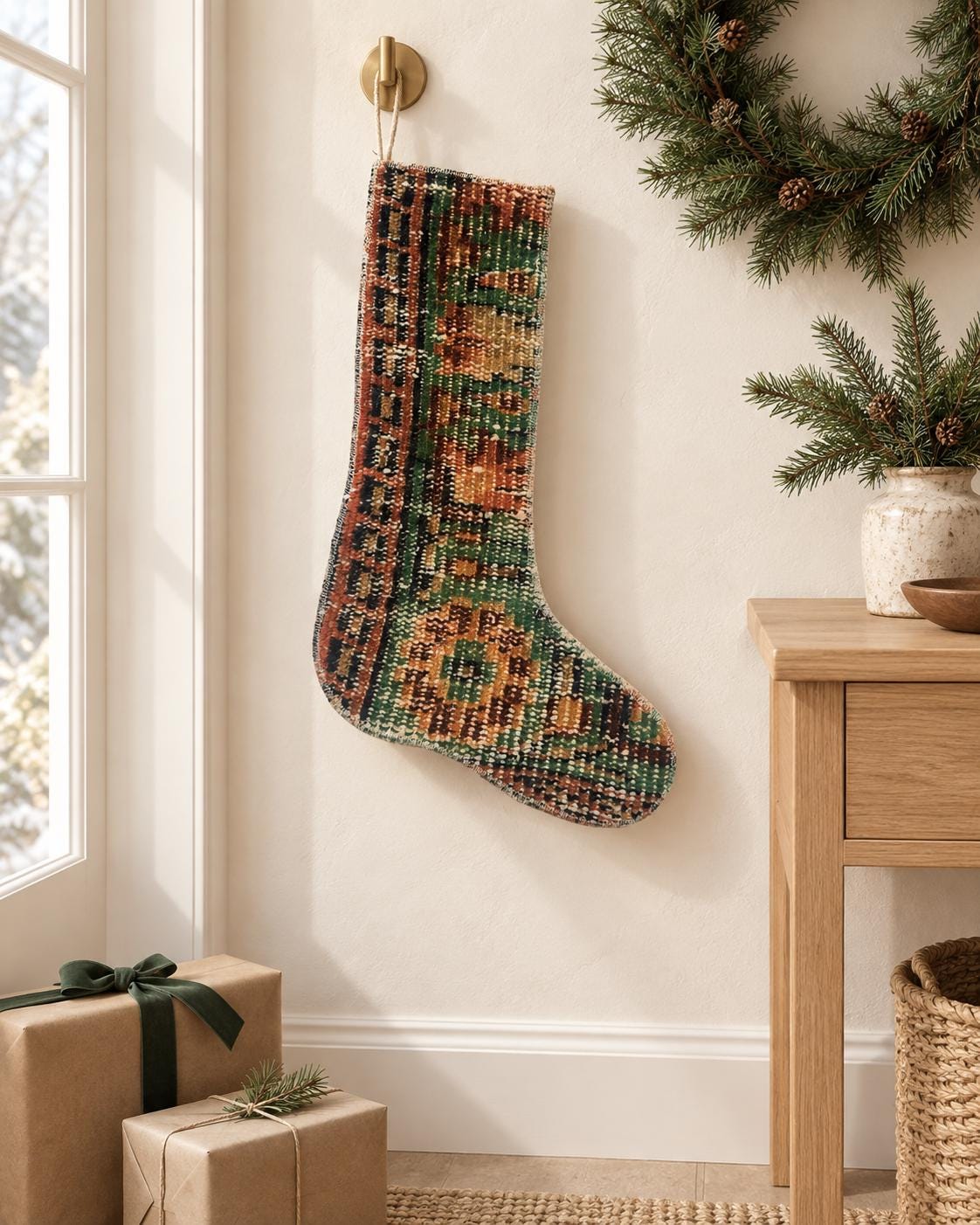 Christmas Stocking, Vintage Turkish Rug, Boho Geometric Green Terracotta Design, 18 in