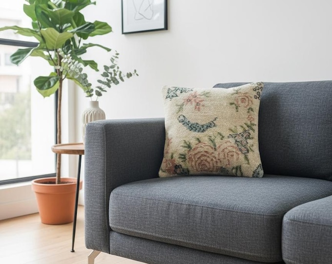 40x40 cm Wool Pillow Cover | Turkish Handwoven Cushion | Rustic Farmhouse Boho Home Decor