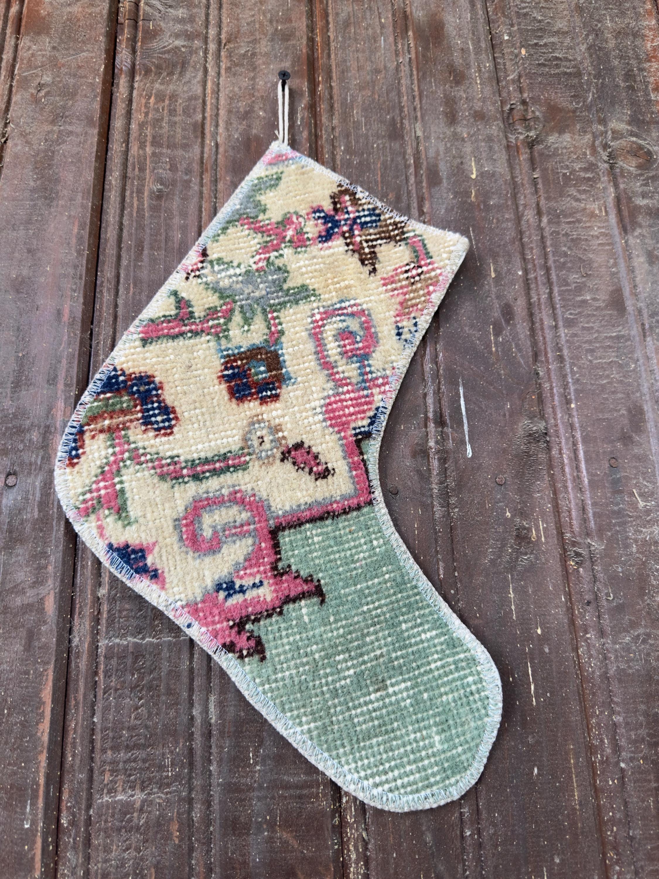 Christmas Stocking, Vintage Turkish Rug, Floral Ivory Pink Mint Green, 11 in in ivory, pink, green, left-side pattern detail