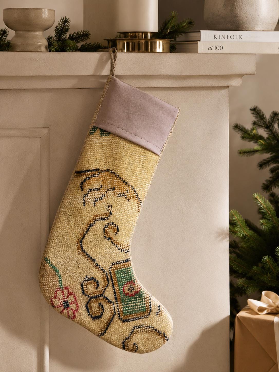 Turkish Rug Christmas Stocking, Handmade Vintage Anatolian Wool, Cream Blush Pink, Boho Fireplace Decor