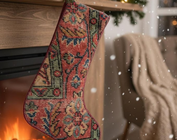 Vintage Rug Christmas Stocking | Wool • Cotton Lined • Upcycled Turkish Carpet