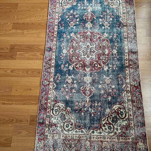 Small Vintage Rug,Handmade small rug,Wool rug,Turkish rug,3x7 Vintage rug,Antique rug,Decorative Rug,Area Rug,Faded Rug,Blue Red rug