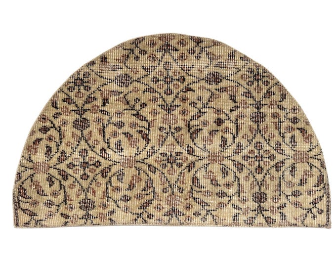 Handmade Wool Semicircle Rug Vintage Beige Small Boho Doormat Home Decor