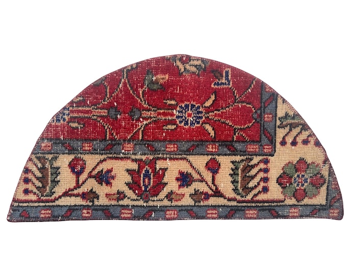 Vintage Turkish Isparta Half Moon Rug, Handwoven Wool Floral, Deep Red Ivory Border, 1.2x2.5 ft