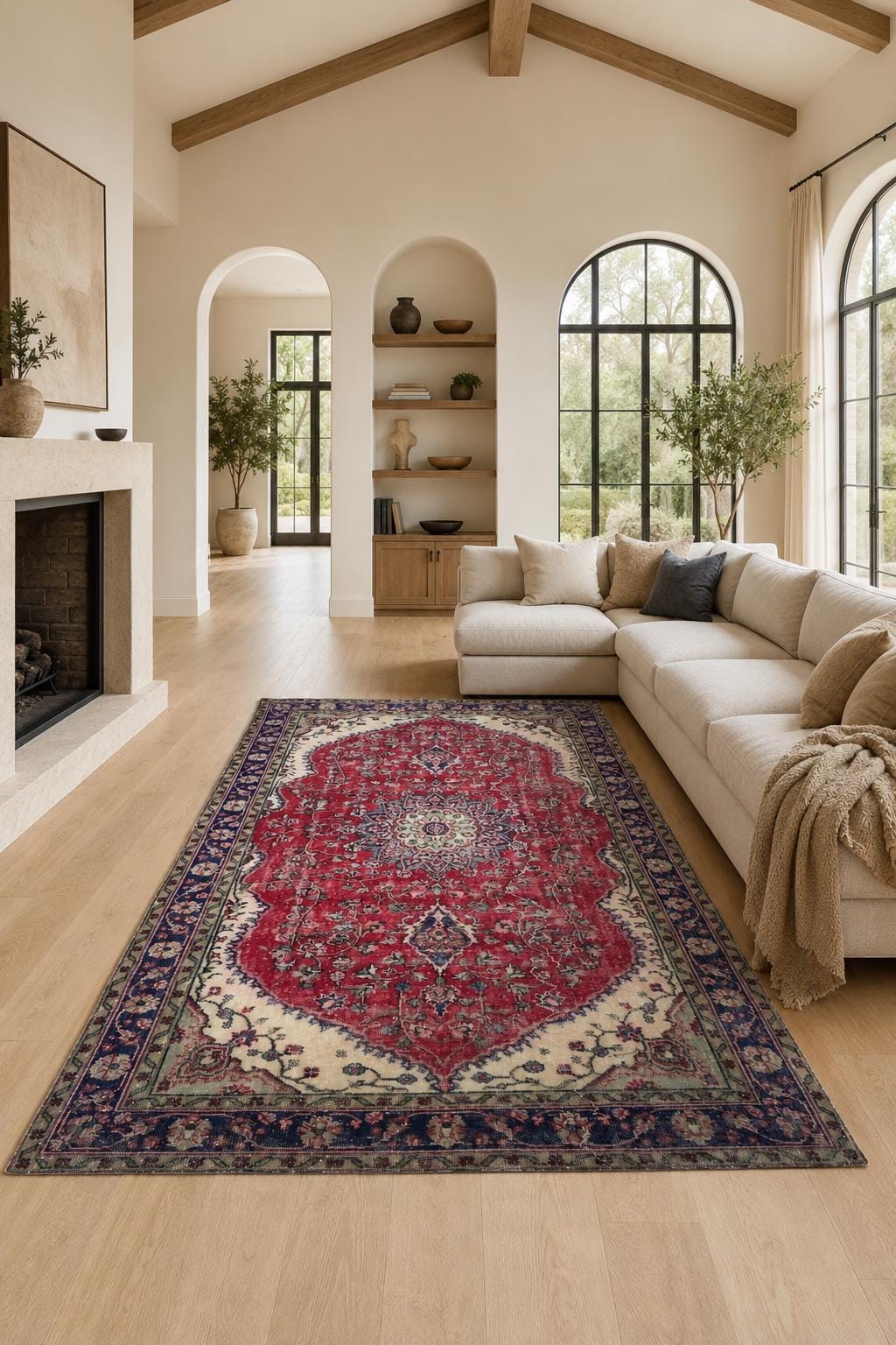 Vintage Turkish Area Rug, Hand-Knotted Wool Medallion, Faded Crimson Red Navy, 6x9 ft