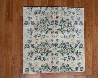 Petit tapis carré, petit tapis vert, tapis pour couloir, tapis Oushak vintage, tapis de course fait main, petit tapis, tapis turc vintage, 2 x 3 pieds, tapis d'entrée,