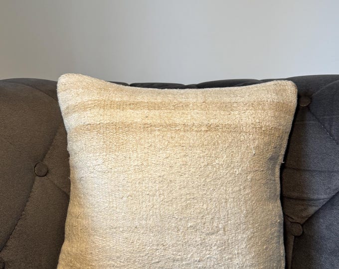 Vintage Hemp Pillow Cover, Turkish Handwoven Antique Fabric, Natural Cream 16x16