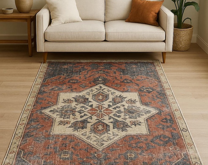 Vintage Heriz Style Rug 35"x77" Navy Terracotta Distressed