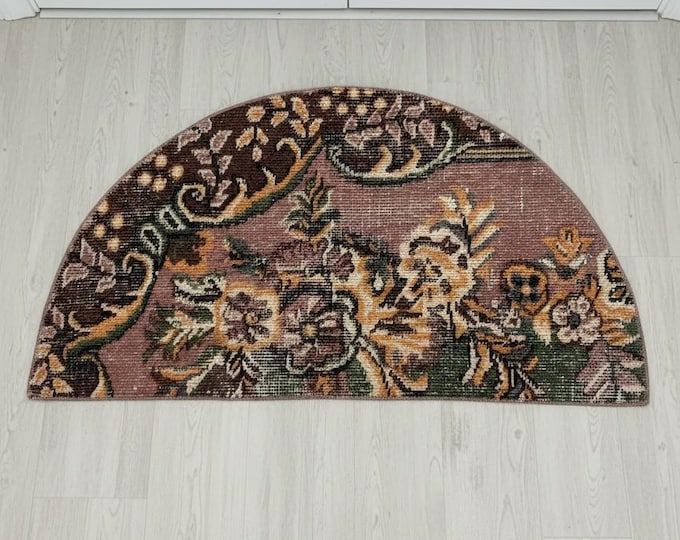 45x84 cm Semicircle Brown Yellow Green Rug | Unique Handwoven Turkish Wool Rug