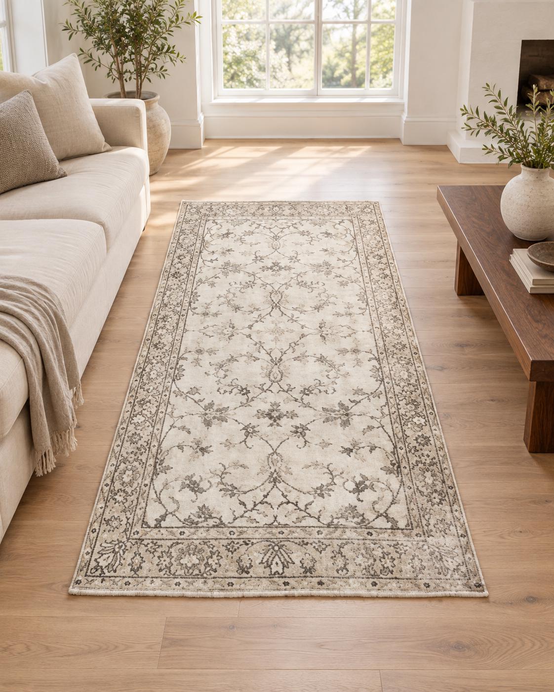 Vintage Turkish Rug 4x7 ft Ivory Grey Oushak Floral Design