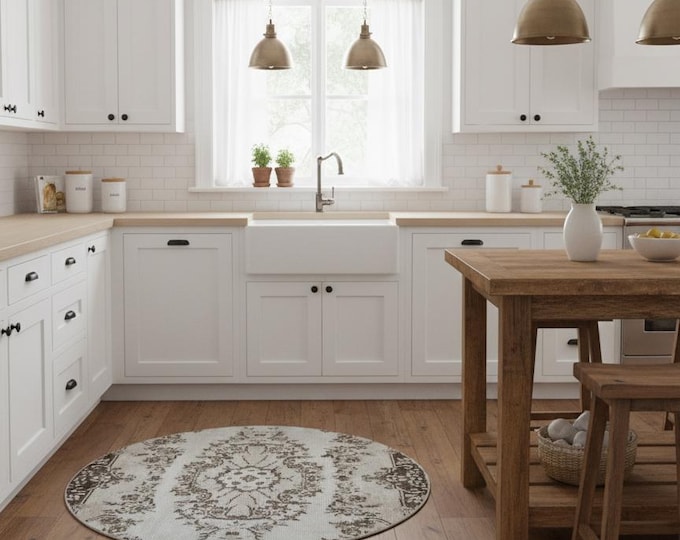 119 cm (3.9 ft) Round Turkish Rug – Brown Beige Floral Medallion Design – Handmade Wool Carpet – Vintage Circular Boho Rug